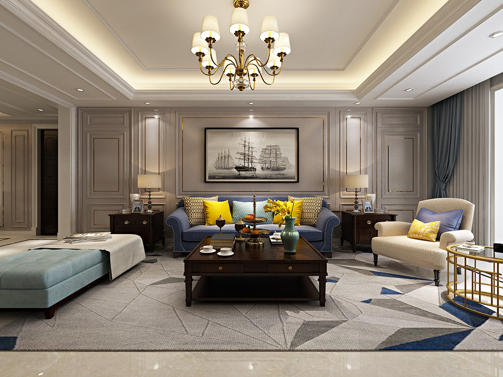 美式轻奢风格室内装修设计效果图-恒大滨江左岸四居133平米-室内客厅装修设计 美式轻奢风格室内装修设计效果图-恒大滨江左岸四居133平米-室内客厅装修设计